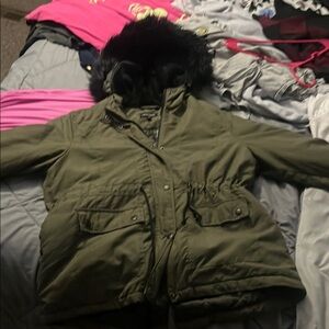 Olive Green Parka with Faux Fur Hood